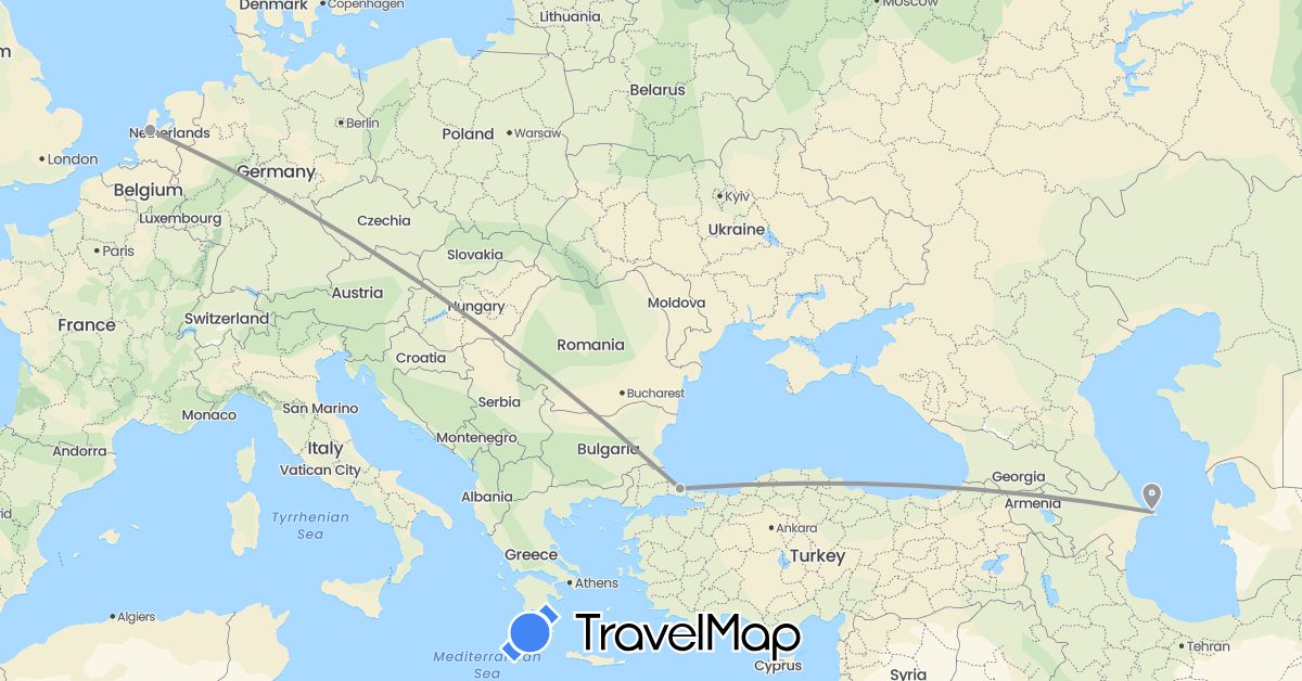 TravelMap itinerary: driving, plane in Azerbaijan, Netherlands, Turkey (Asia, Europe)